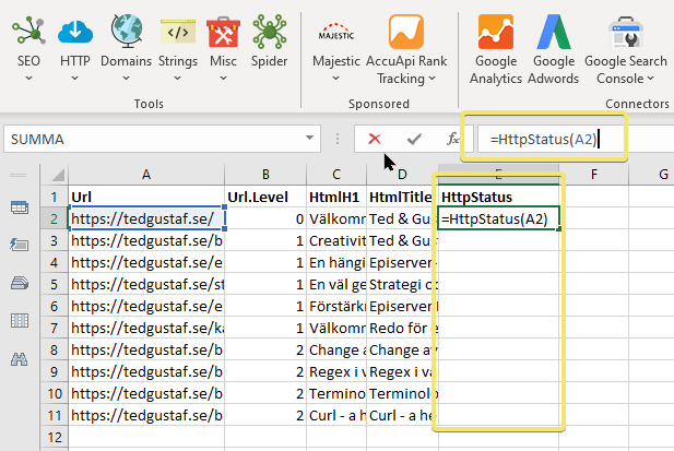 SeoTools for Excel - indexera en sajt
