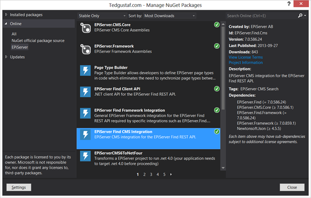 EPiServer Find packages in the NuGet package manager